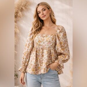 Storia Floral Babydoll Blouse Large Puff Sleeve Square Neck Cottagecore top X